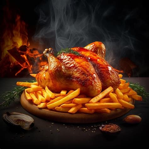 Un Poulet Rôti Est Sur Un Plateau Avec Des Frites Et Un Feu Derrière