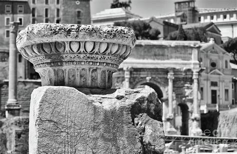 Ancient Column Capital Inside Roman Forum Rome Italy Black And White