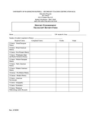 Fillable Online Uwb History Endorsement Transcript Review Form Fax