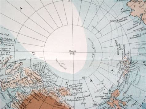 Antique Map Of North Pole Polar Arctic Greenland Alaska Canada