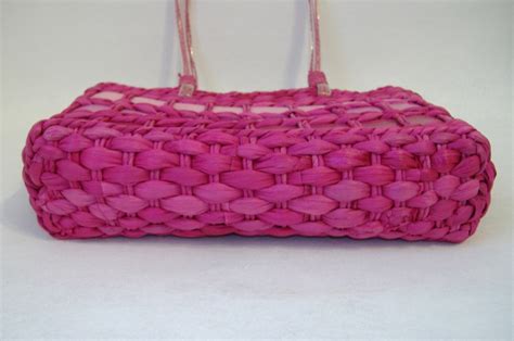 Pink Straw Purse Ribbon Trim Tote Handbag Double Handles Fabric Lined