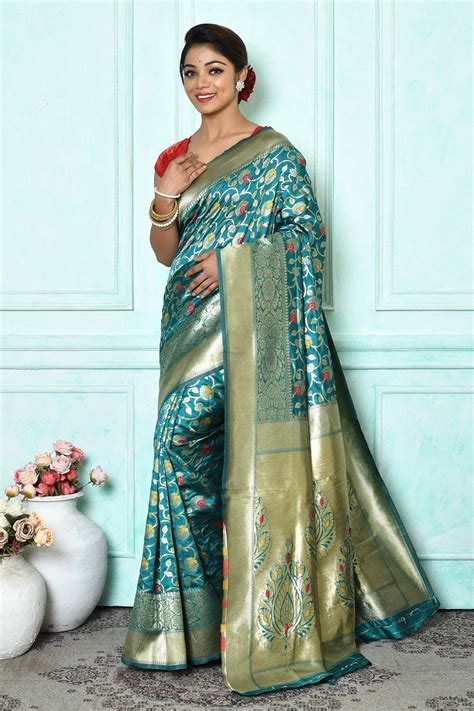 Buy Green Silk Woven Floral Flower Bloom Pattern Saree For Women By