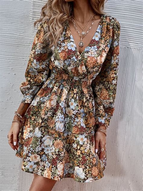 SHEIN VCAY All Over Floral Print Surplice Neck Layered Hem Dress SHEIN UK