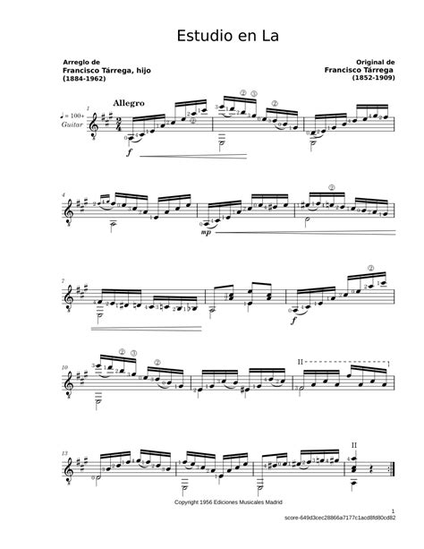 Estudio En La Francisco Tárrega Sheet Music For Guitar Solo