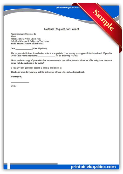 Free Printable Referral Request For Patient Form Generic