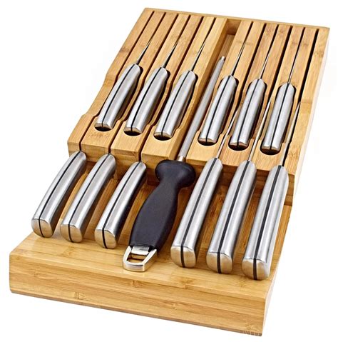 In-drawer Bamboo Knife Block Drawer Organizer Holder Fit For 12 Knives ...