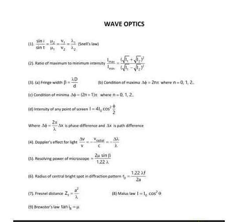 Important Formulas Of Wave Optics Edurev Neet Question