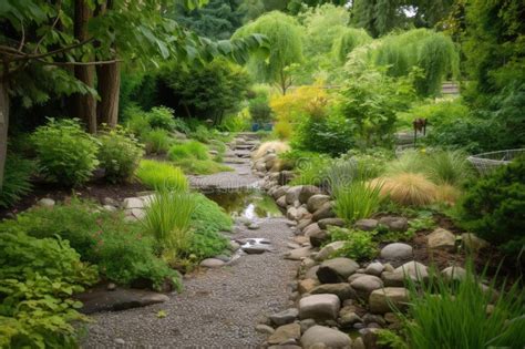 Lush Garden With Pebble Pathway And Babbling Brook Stock Image Image