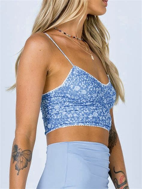 Emmiol Free Shipping Lace Trim Floral Crop Cami Top Blue S In Tank