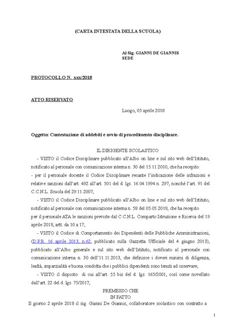 Esempio contestazione di addebito disciplinare - (CARTA INTESTATA DELLA