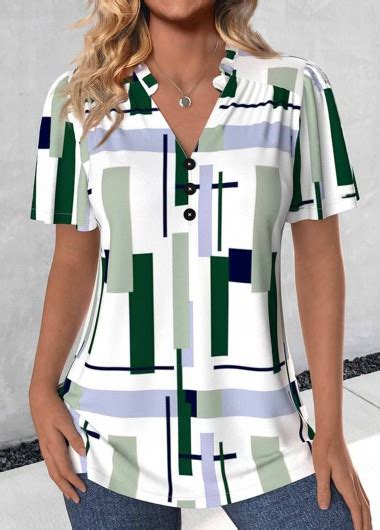 Rotita Split Geometric Print Multi Color V Neck Blouse Rotita