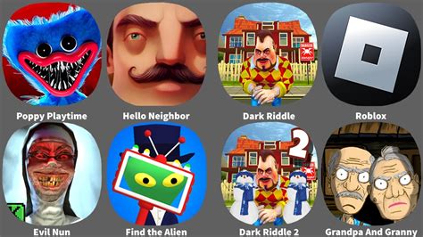 Poppy Playtime Hello Neighbor Dark Riddle Roblox Evil Nun Find The