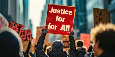 A Group Of People On The Streets Of The City Holding Posters With The Slogans Justice For All