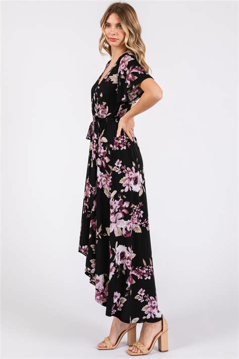 Black Floral Print Wrap Front V Neck Hi Low Midi Dress Pinkblush