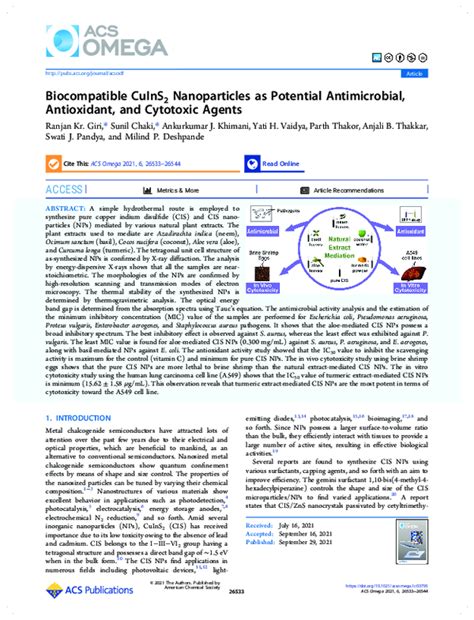 Pdf Biocompatible Cuins 2 Nanoparticles As Potential Antimicrobial