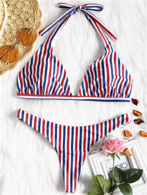 ZAFUL Sexy Women Bikini Set Colorful Stripe Halter Bikini Set Natural