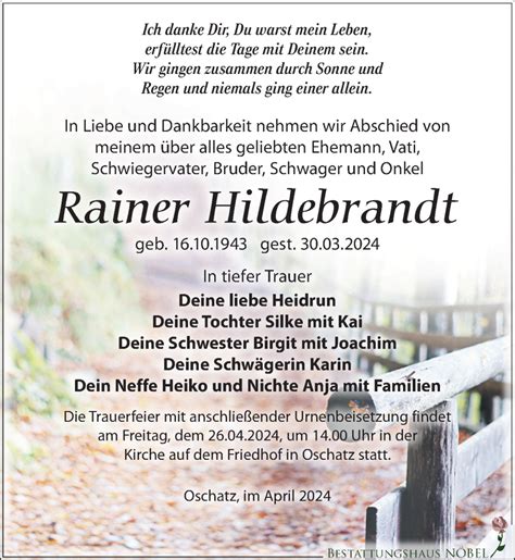 Traueranzeigen Von Rainer Hildebrandt Trauer Anzeigen De