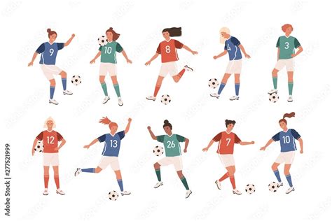 Collection of funny female football players isolated on white ...