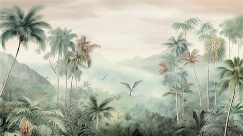 Premium Photo | Tropical Exotic Landscape Wallpaper Hand Drawn Design Luxury Wall Mural