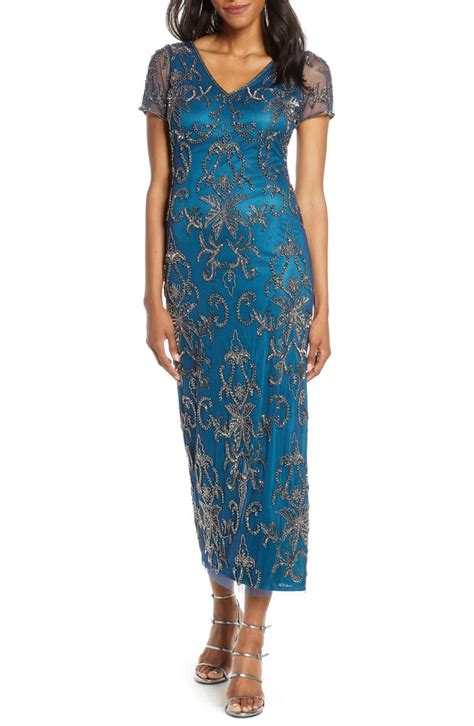 Pisarro Nights V Neck Beaded Mesh Column Gown Nordstrom