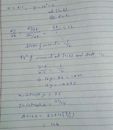 If The Normal To The Curve X T 1 Y 3t 6 The Point 1 6 Intercepts A And B On X And Y Axis