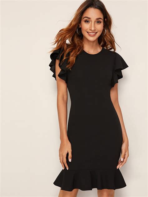 Butterfly Sleeve Ruffle Hem Bodycon Dress Shein Usa