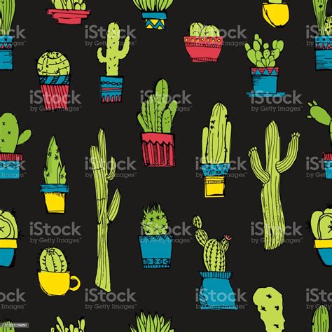 Vector Hand Drawn Seamless Pattern With Different Cactus Bright Repeated Texture With Green