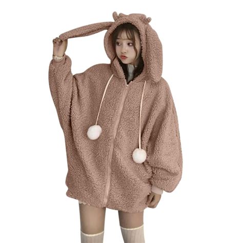 Kawaii Bunny Ears Hoodie Coat Plush Hooded With Rabbit Ears Pokekawa