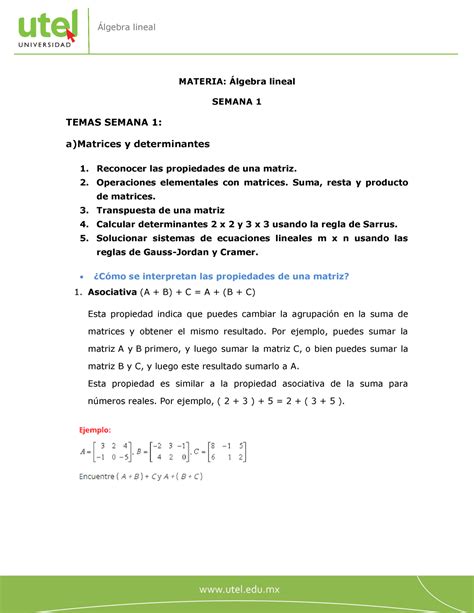 Algebra Lineal Semana 1 PF MATERIA Álgebra lineal SEMANA 1 TEMAS