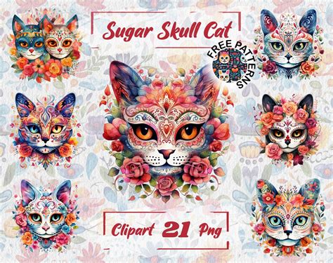 Sugar Skull Cat Clipart, Watercolor Sugar Skull PNG, Dia De Los Muertos ...