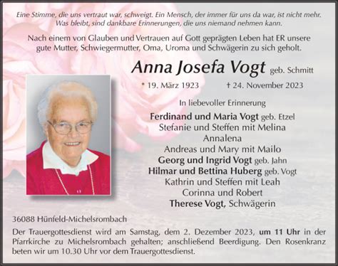 Traueranzeigen Von Anna Josefa Vogt Trauer De