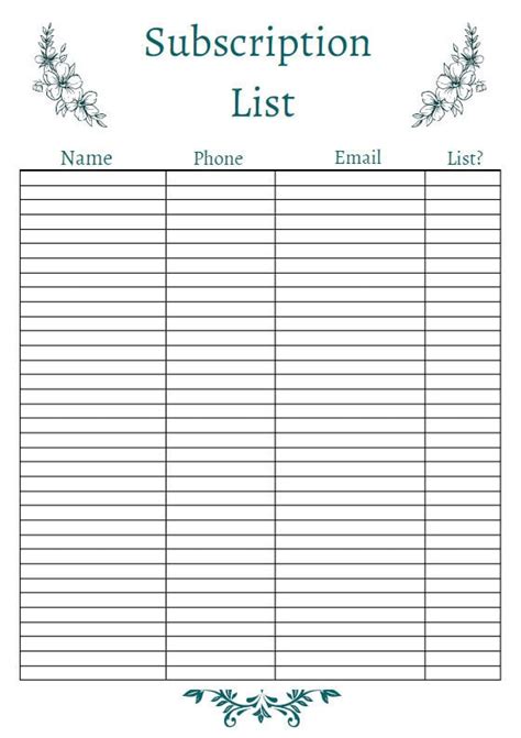 Email Subscription List Printable - Etsy