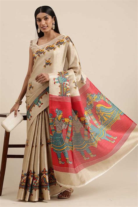 Beige Bhagalpuri Silk Warli Block Print SareeDefault Title Block