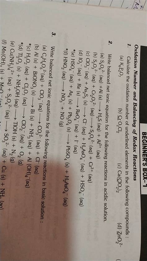 Oxidation Number And Balancing Of Redox Reactions 1 Calculate The Oxidat
