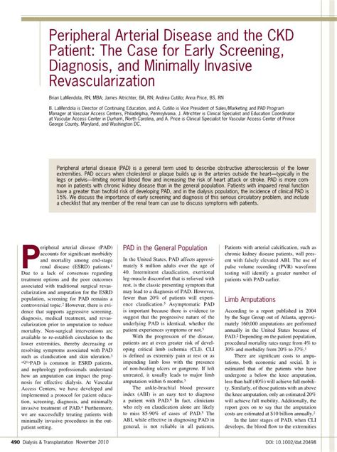 Peripheral Arterial Disease And The Ckd Patient The Case For Early