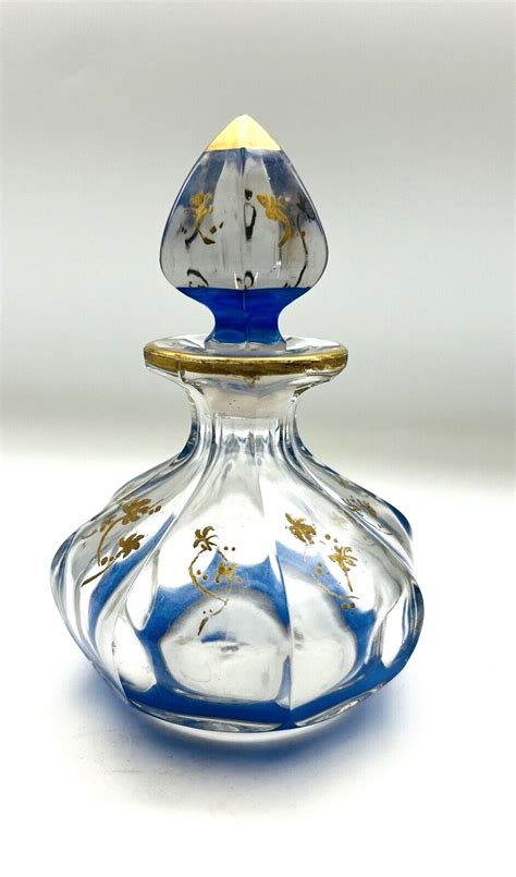 Antique Bohemian Handpainted Gold Blue Glass Perfume Scent Bottle Ebay