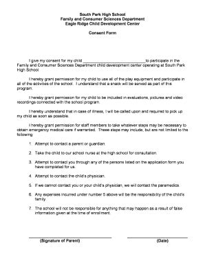 Fillable Online Preschool Consent Form South Park High School Fax