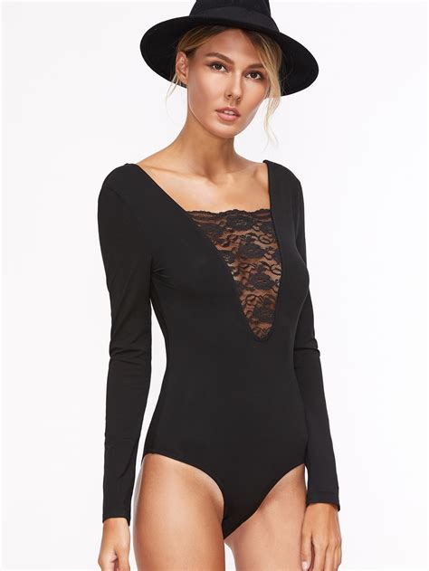 Shop Black Floral Lace Insert Plunge Neck Open Back Bodysuit Online