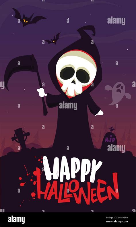 Grim Reaper Cartoon Character With Scythe Halloween Funny Death Skeleton Illustration Package