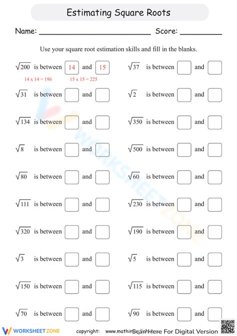 Estimating Square Roots Worksheet