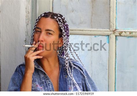 Brunette Girl Pigtails Smoking Cigarette Stock Photo 1172196919