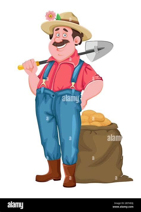 Farmer Cartoon Character Cheerful Farmer With Shovel And Bag Of