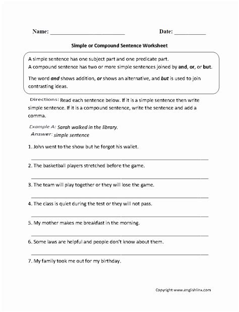 Simple Compound Complex Compound Complex Sentences Worksheet