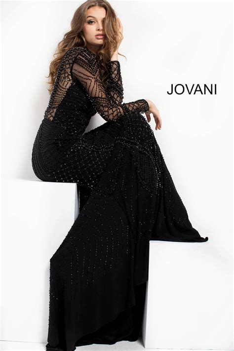 Jovani 37545 Black Long Sleeve Beaded High Neck Prom Dress