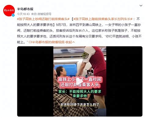 孩子高铁上敲前排乘客头被投诉，家长怼列车长：不能按照大人的要求要求他女子唐山