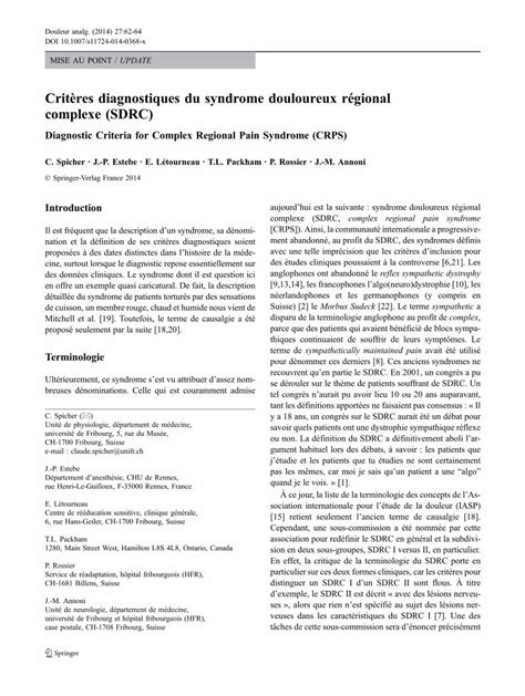 PDF Critères diagnostiques du syndrome douloureux régional complexe