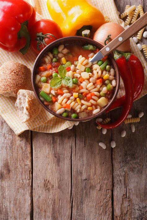 Minestrone Soup And Bread On The Table Horizontal Top View Stock Image