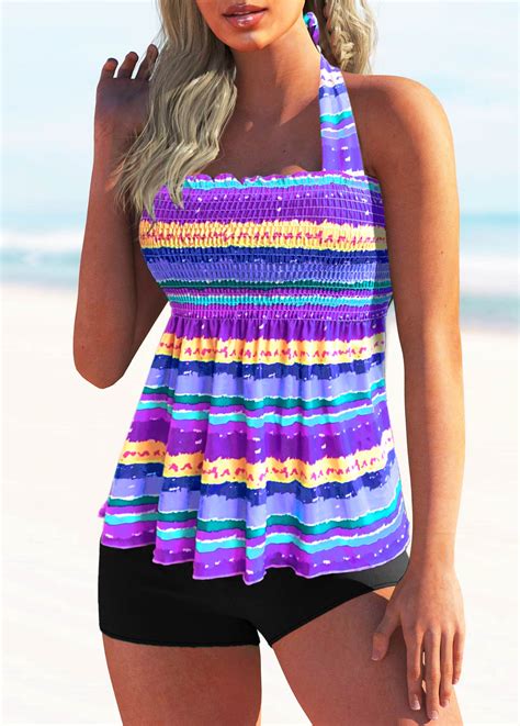 Rainbow Stripe Tie Back Smocked Tankini Set Rotita Usd