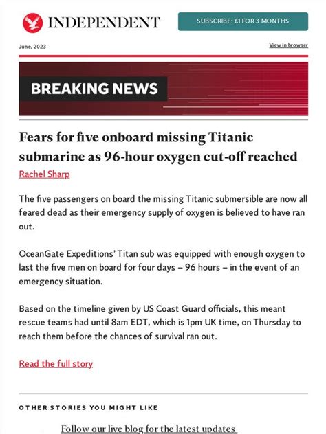 The Independent Fears For Five Onboard Missing Titanic Submarine As