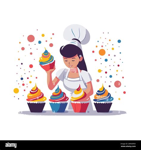 Chef Woman With Cupcakes Vector Illustration In Cartoon Style Stock